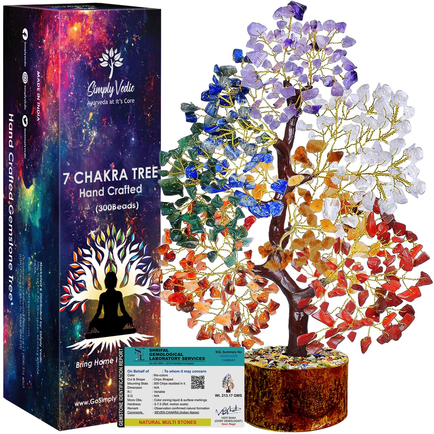 Simply Vedic 7 Chakra Crystal Tree (300 Beads) for Positive Energy, Good Luck, Chakra Activation| Healing Gemstones MoneyTree Feng Shui, Spiritual Gift, Home Decor| Handmade by Traditional Artist