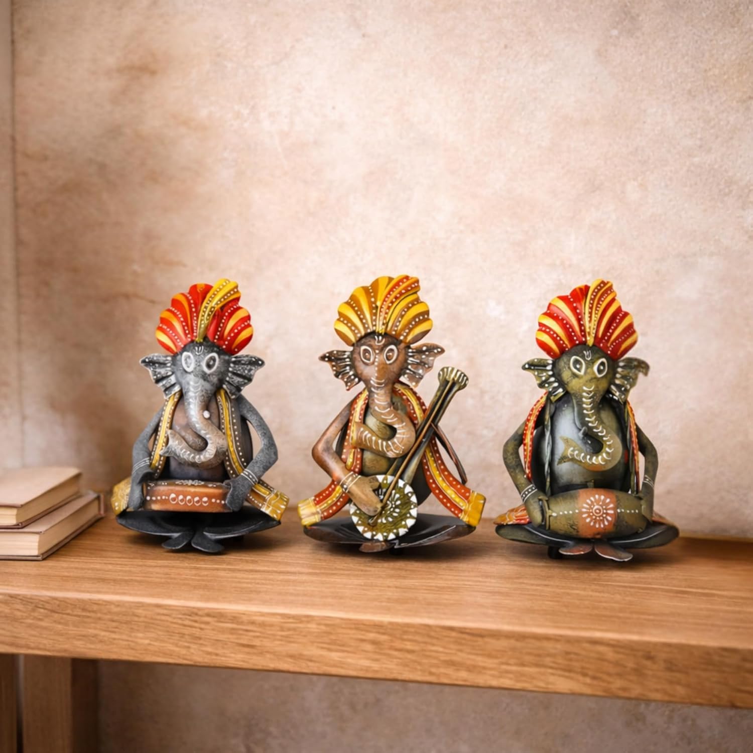 CraftVatika Metal Ganesha Playing Musical Instruments Set of 3, Handcrafted Ganesha Playing Dholak Harmonium Sitar Showpiece for Living Room Tabletop Home Décor Items, Ganesh Musical Showpiece