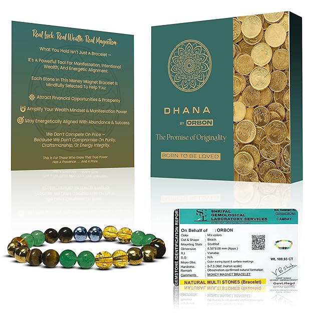 ORBON DHANA Money Magnet Bracelet – Original 7 Chakra Navagraha Stone for Men & Women | Wealth, Prosperity & Abundance Gemstone with Activation Card & Authenticity Certificate